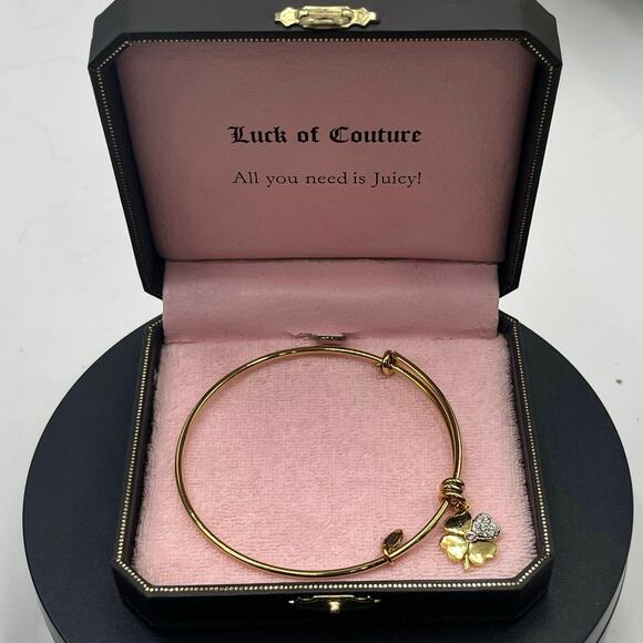 Juicy Couture Gold Plated Adjustable Clover Wish Pave Charm Bangle Good Luck - Picture 1 of 7